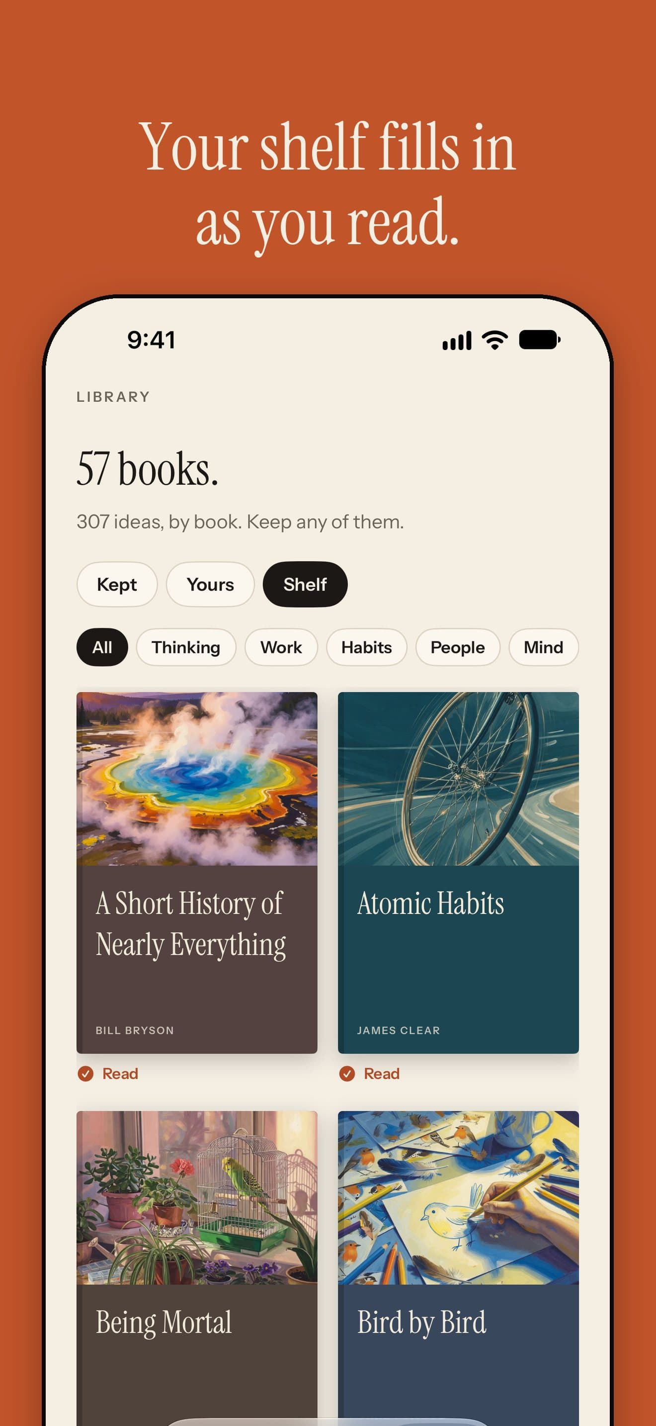Booksnack Shelf of painted book covers filling in as you read