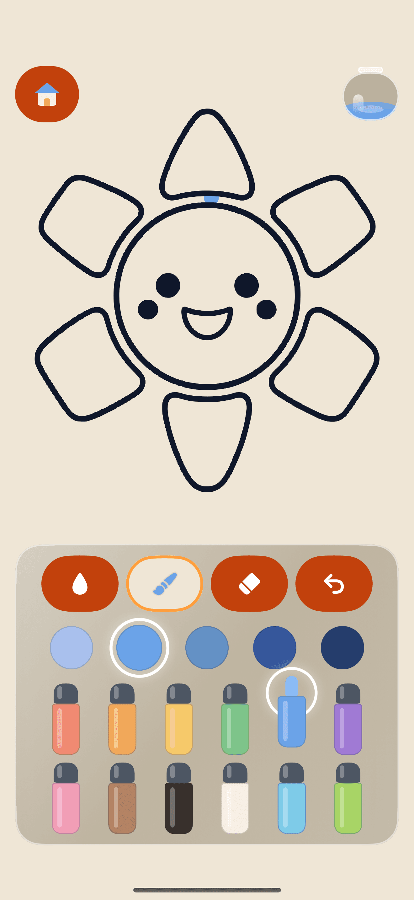 Coloring a smiling sun with the marker rack and the shelf of blue shades