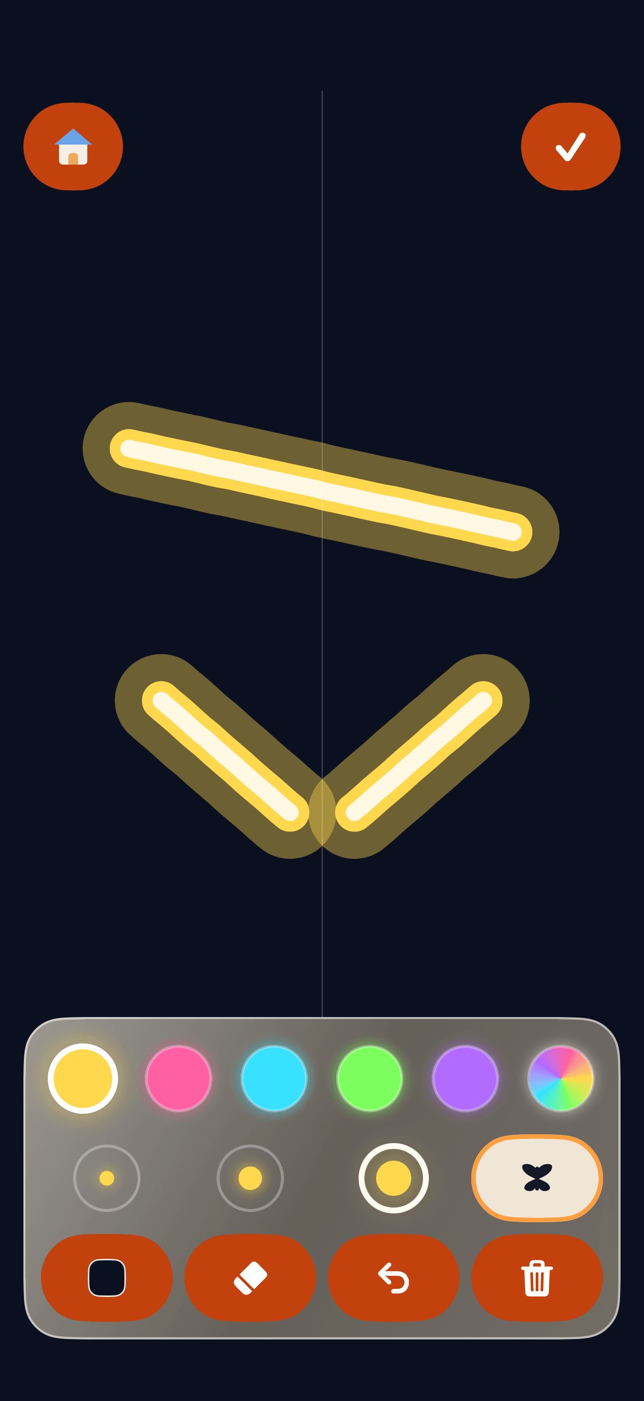 The glow doodle sheet with a mirrored butterfly stroke and the pen dock