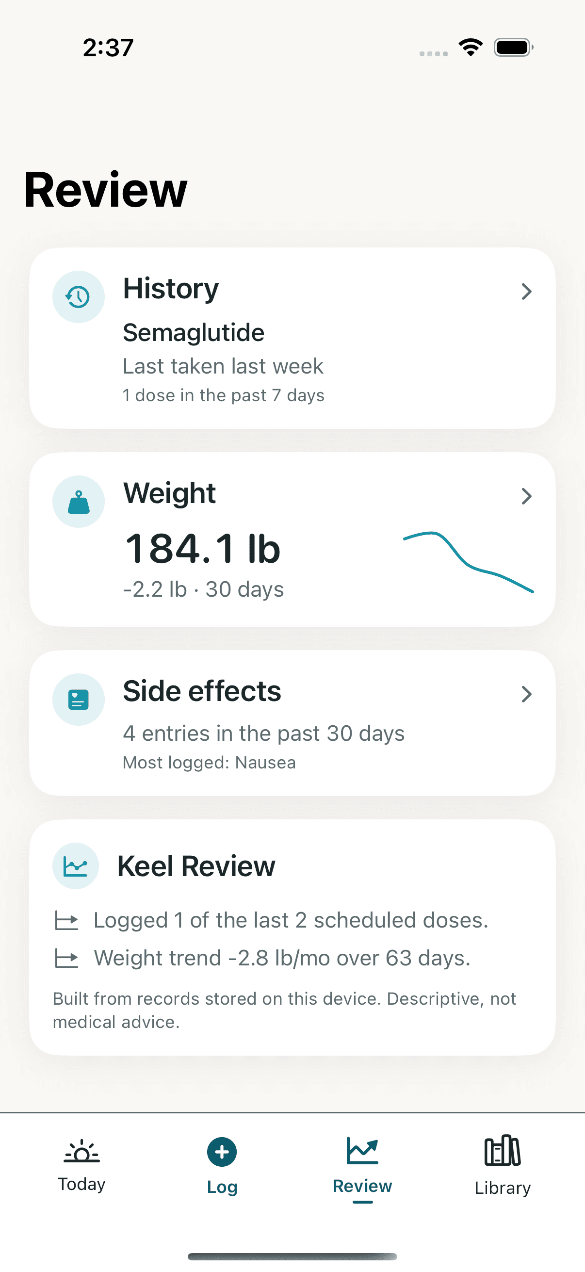 Keel Review bringing dose history, weight, and side-effect records together