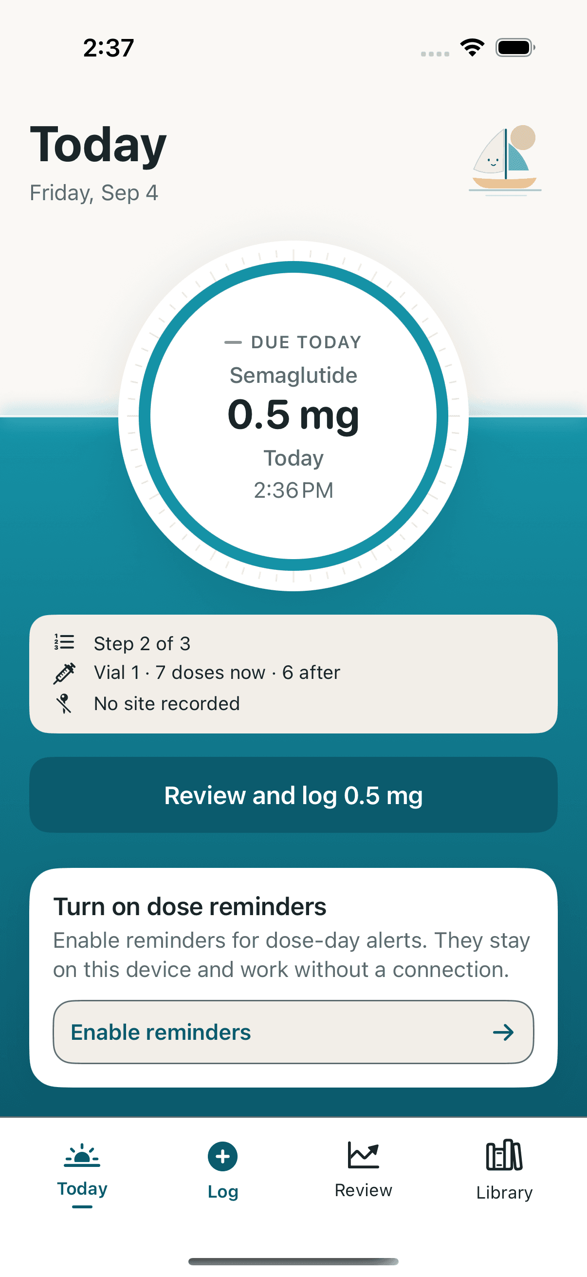 Keel Today showing a saved dose, its time, and the review-before-logging action