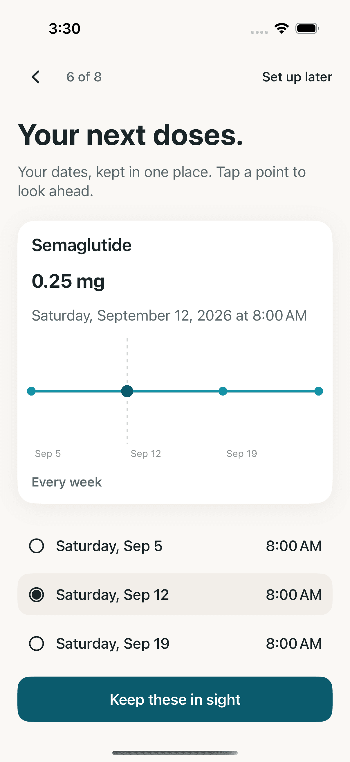 Keel setup showing upcoming dates computed from the entered compound dose and schedule