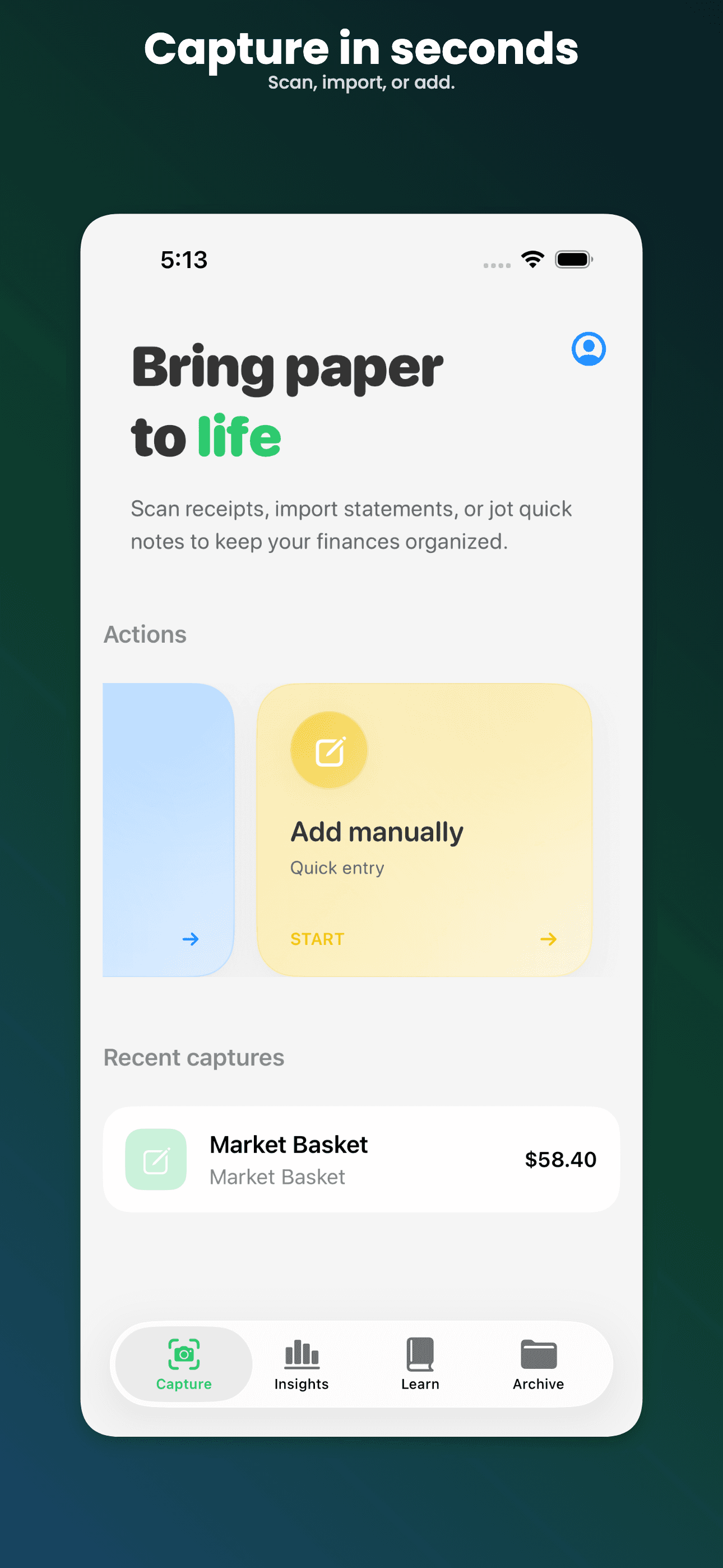 Sumwise capture screen showing quick manual entry and recent receipt tracking