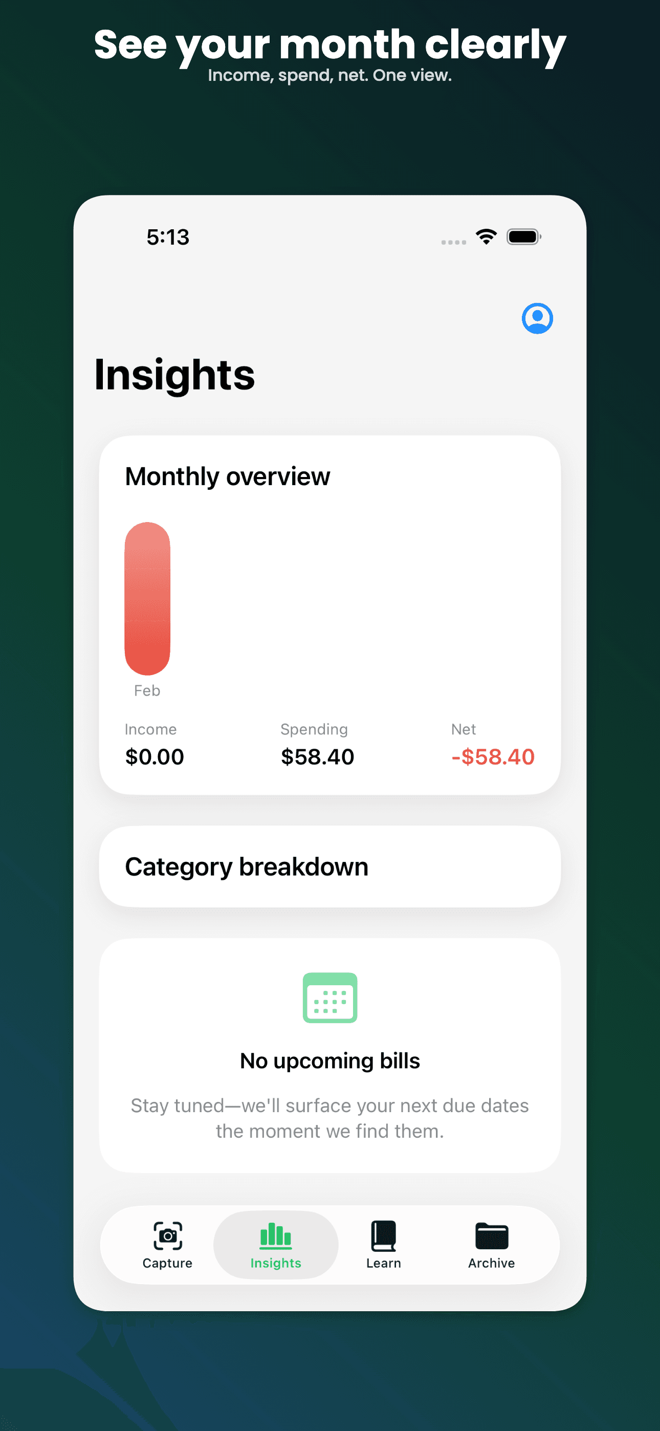 Sumwise monthly insights screen with income, spending, and net trend overview