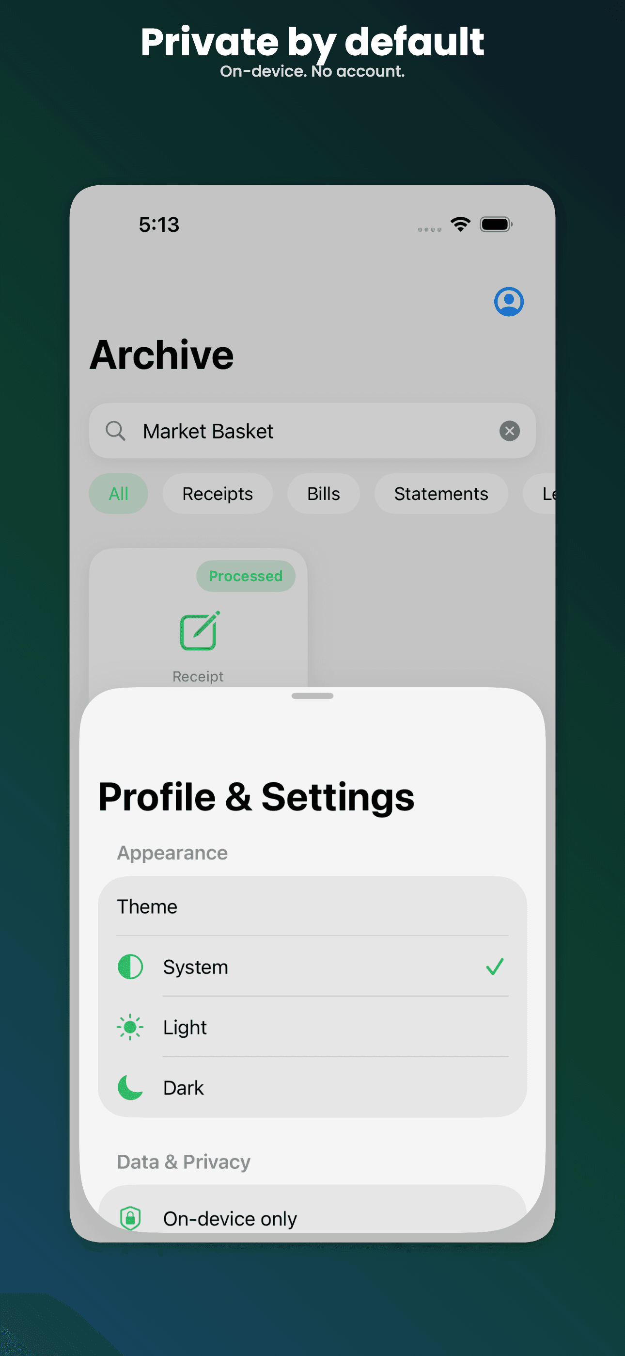 Sumwise archive and privacy settings interface showing on-device data controls