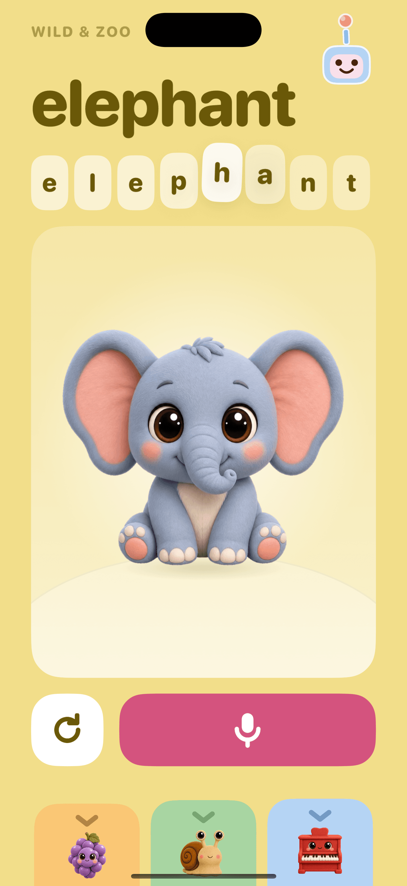 The elephant card: the word in big letters, eight hopping letter chips, the character on its stage, and the say-it-back microphone button