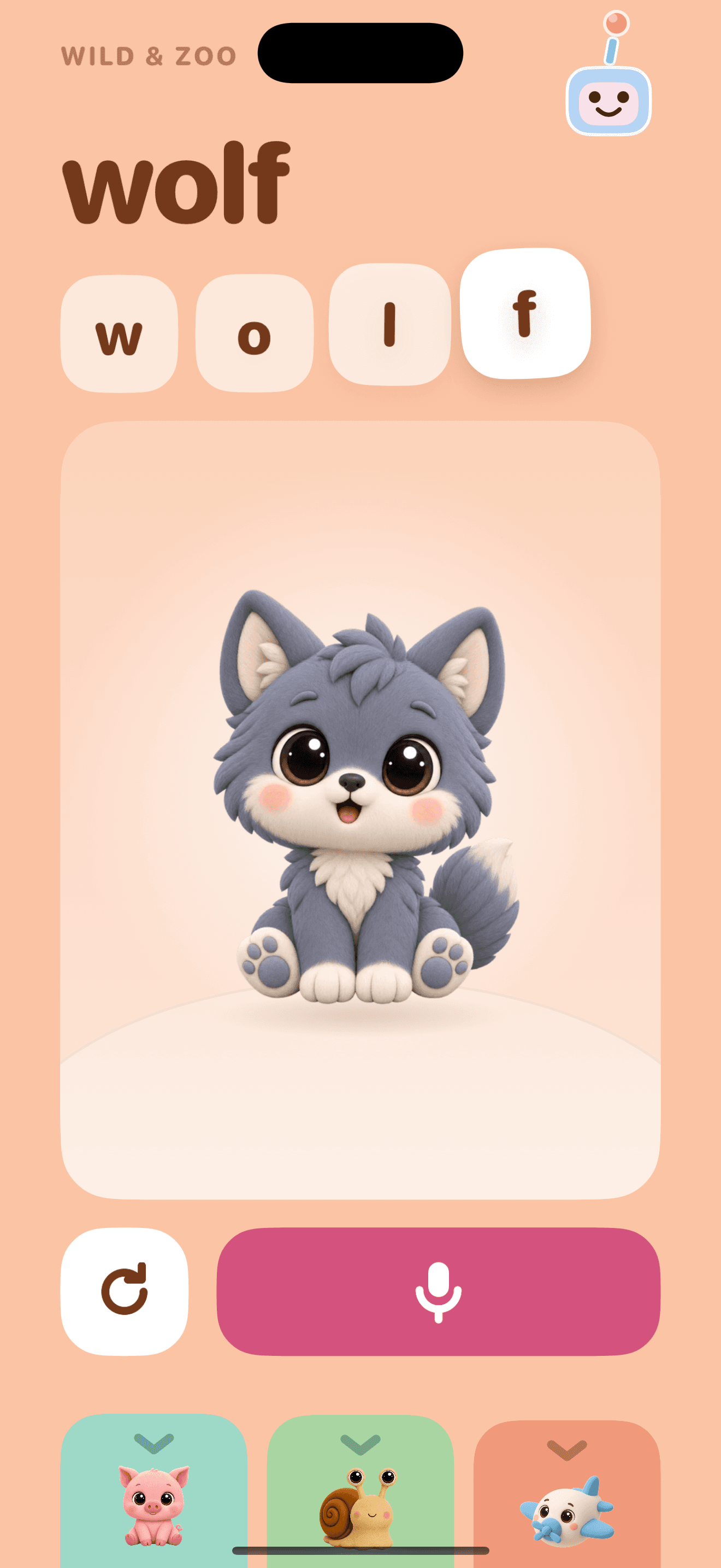 The wolf card with the repeat and microphone buttons and three peek cards waiting below