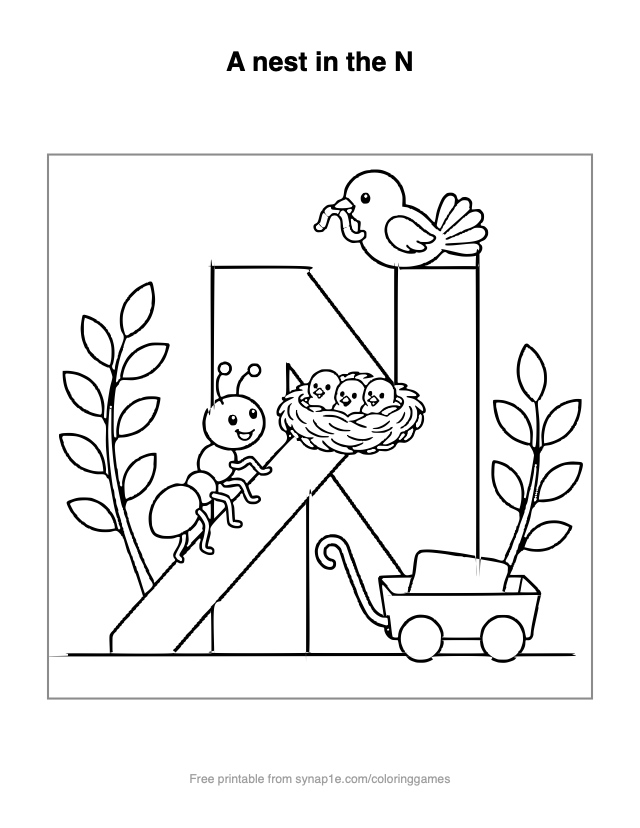 A nest in the N — free printable letters coloring page