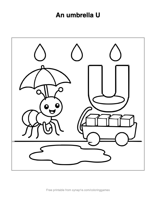 An umbrella U — free printable letters coloring page