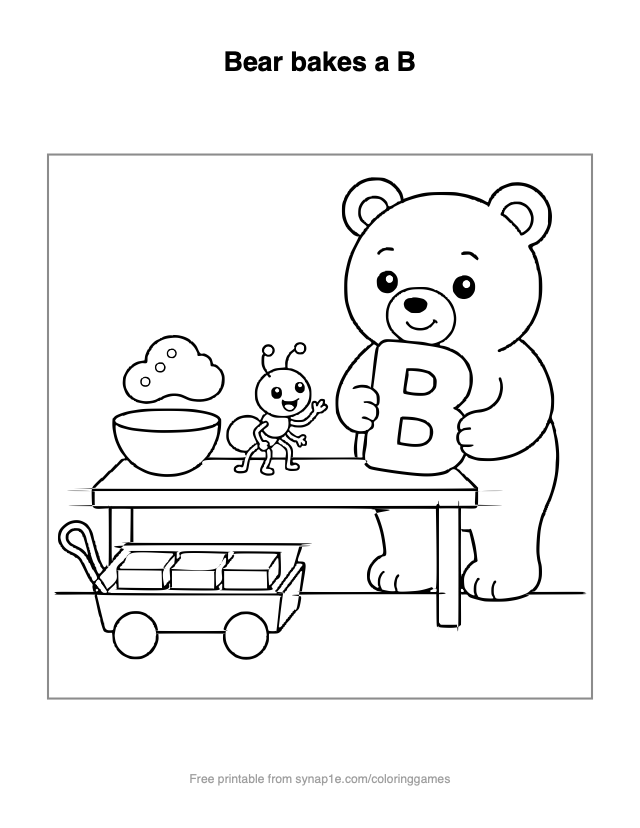Bear bakes a B — free printable letters coloring page