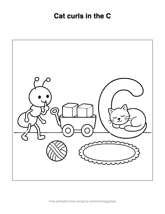 Cat curls in the C — free printable letters coloring page