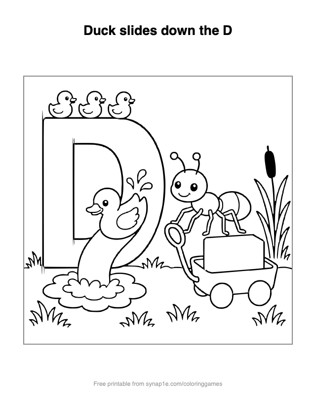 Duck slides down the D — free printable letters coloring page