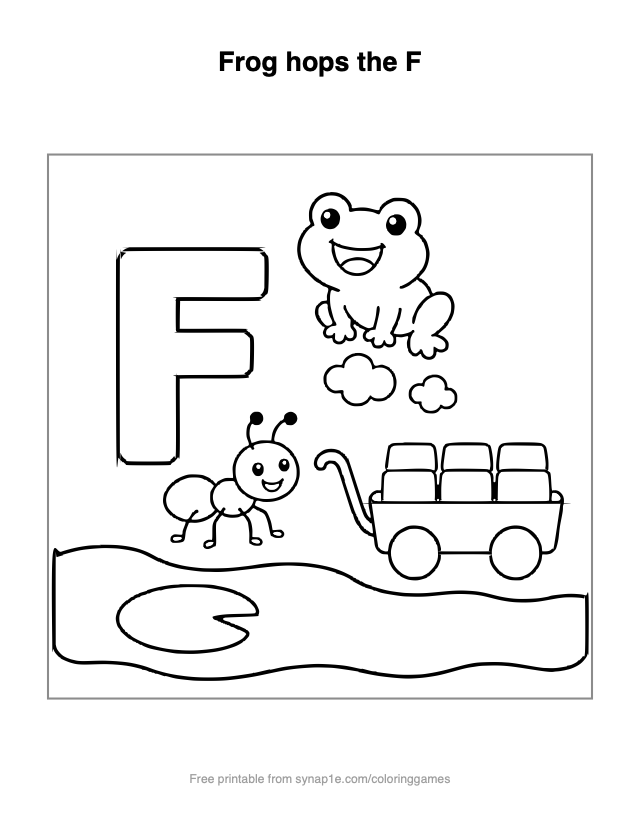 Frog hops the F — free printable letters coloring page