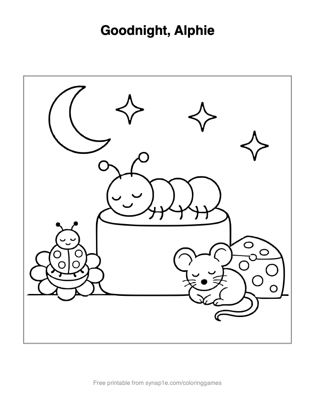 Goodnight, Alphie — free printable letters coloring page