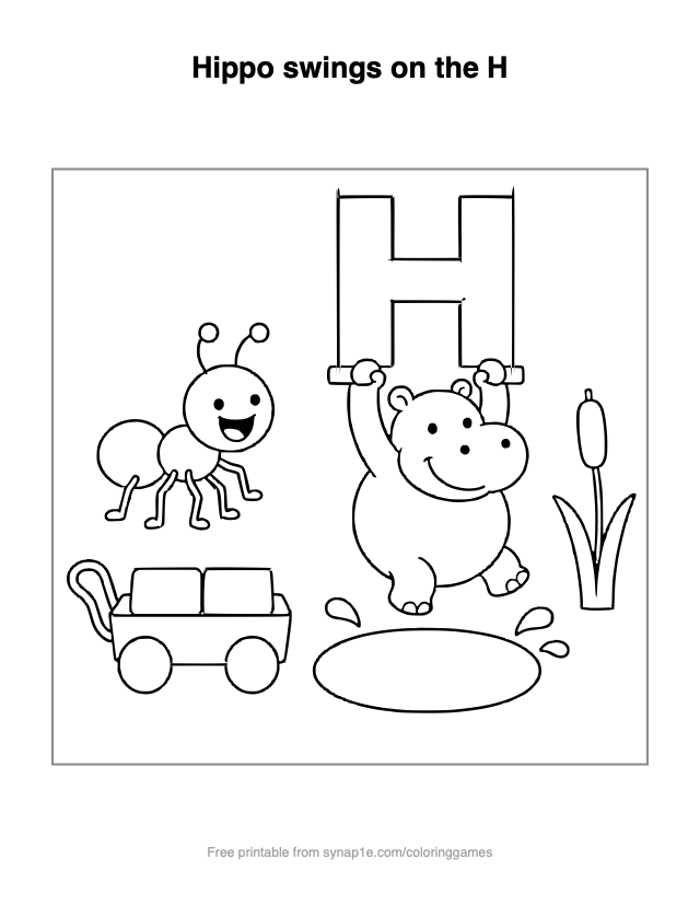 Hippo swings on the H — free printable letters coloring page