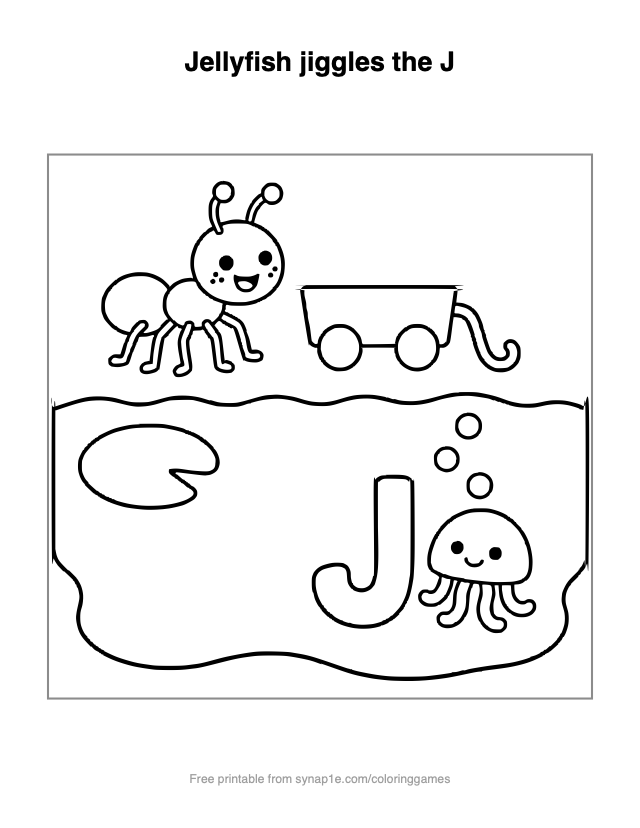 Jellyfish jiggles the J — free printable letters coloring page