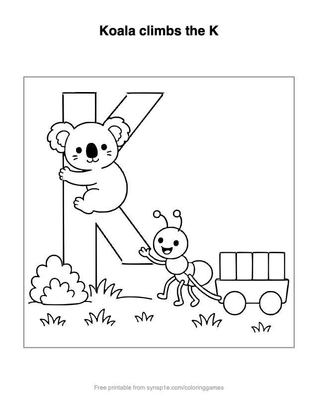 Koala climbs the K — free printable letters coloring page