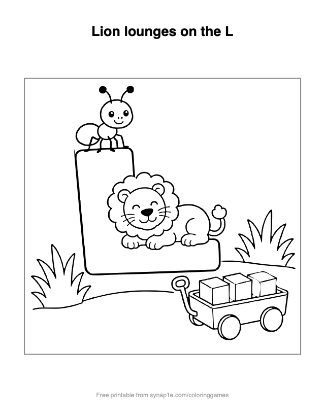 Lion lounges on the L — free printable letters coloring page