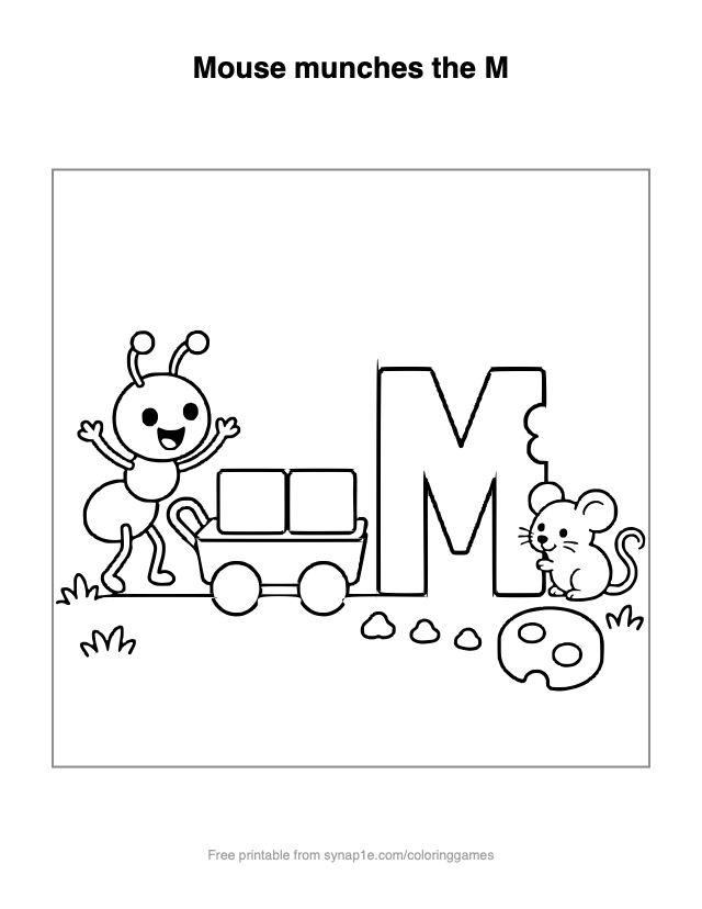 Mouse munches the M — free printable letters coloring page