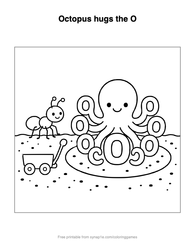 Octopus hugs the O — free printable letters coloring page