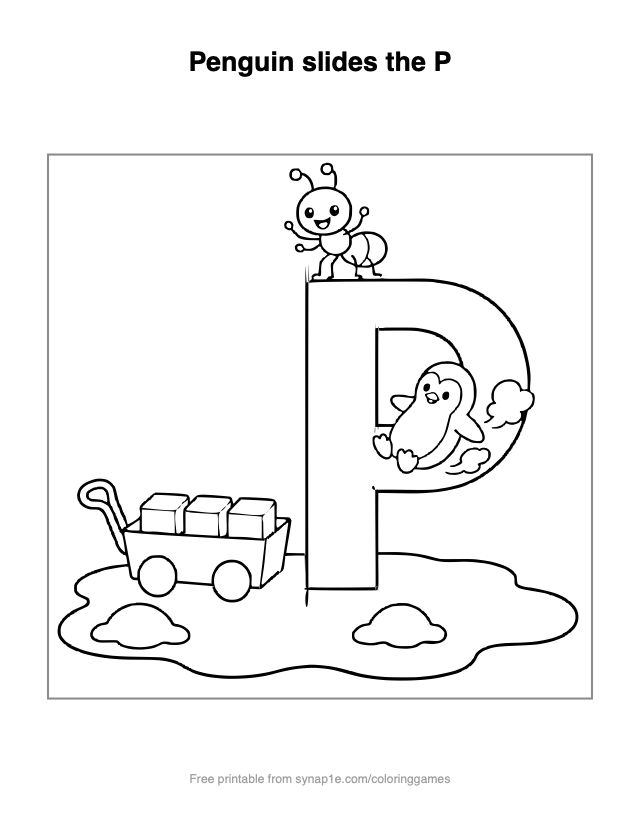 Penguin slides the P — free printable letters coloring page