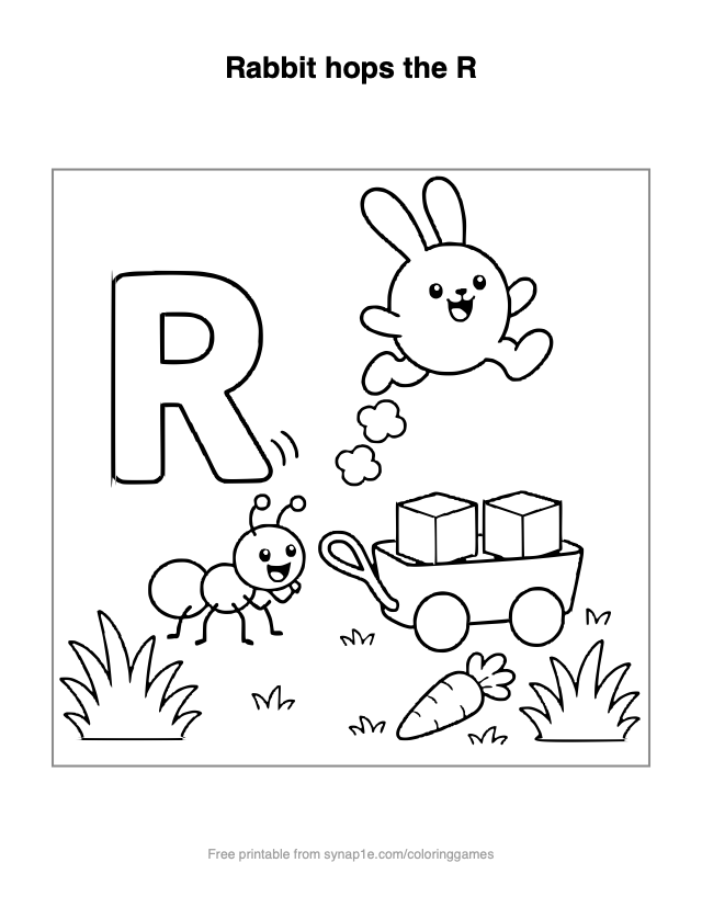 Rabbit hops the R — free printable letters coloring page