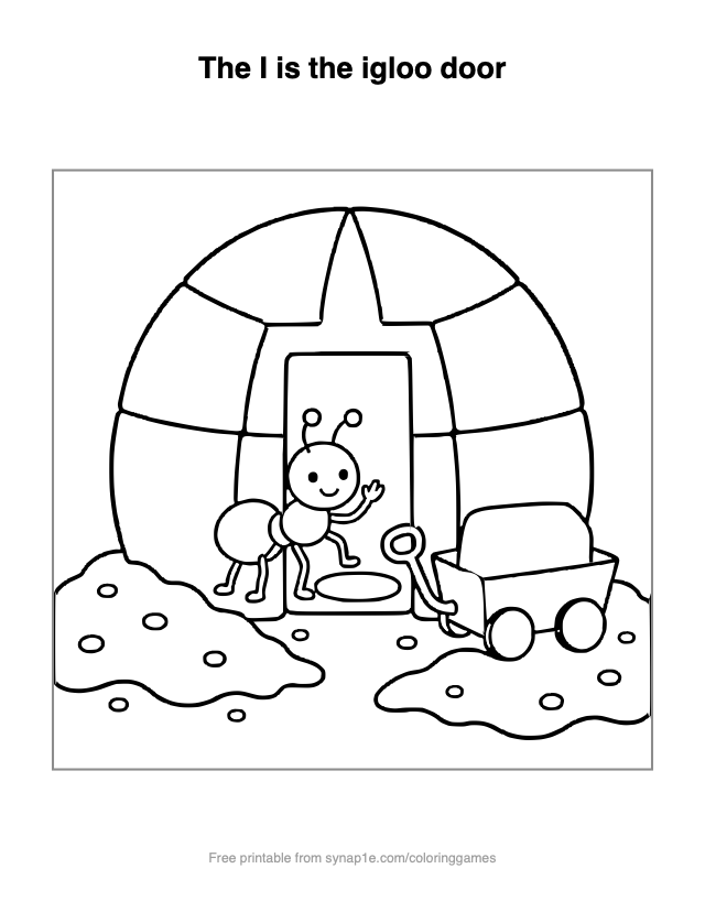 The I is the igloo door — free printable letters coloring page