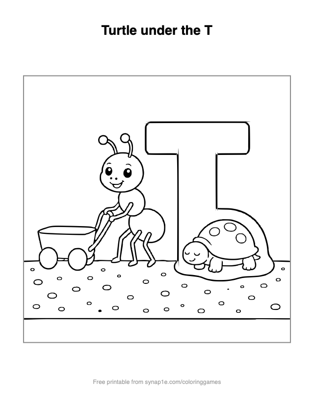 Turtle under the T — free printable letters coloring page