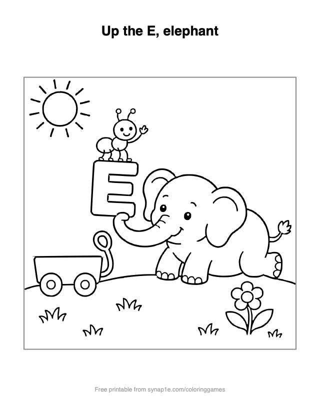 Up the E, elephant — free printable letters coloring page