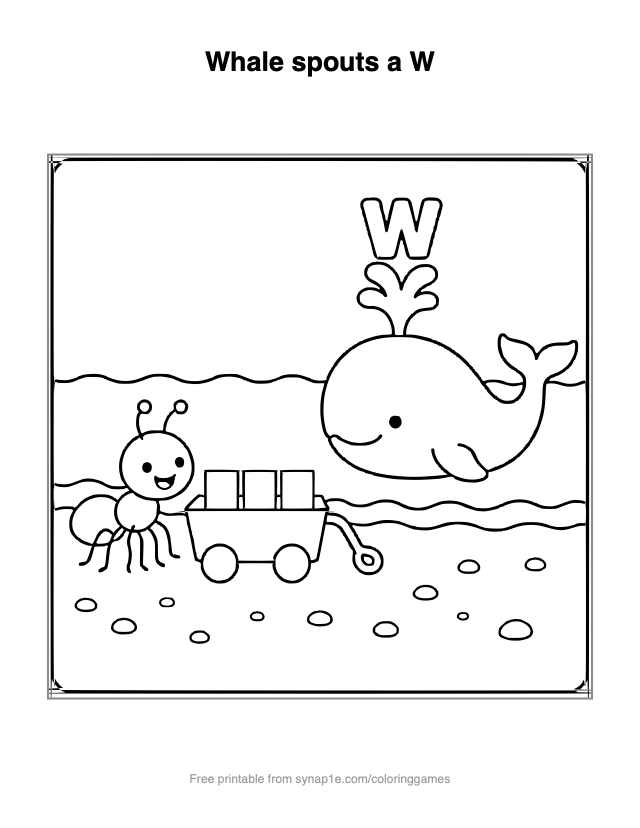 Whale spouts a W — free printable letters coloring page