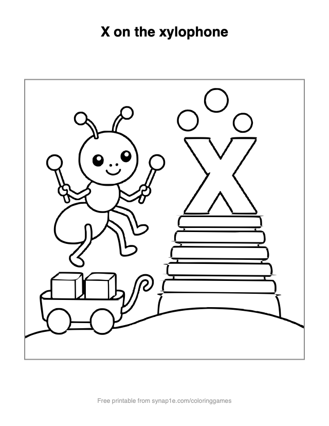 X on the xylophone — free printable letters coloring page