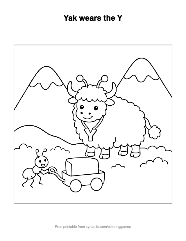 Yak wears the Y — free printable letters coloring page