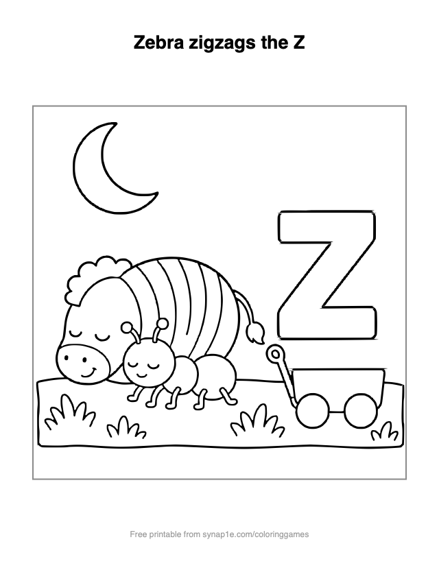 Zebra zigzags the Z — free printable letters coloring page