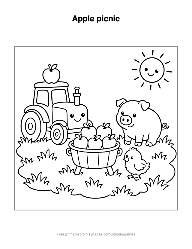 Apple picnic — free printable farm coloring page