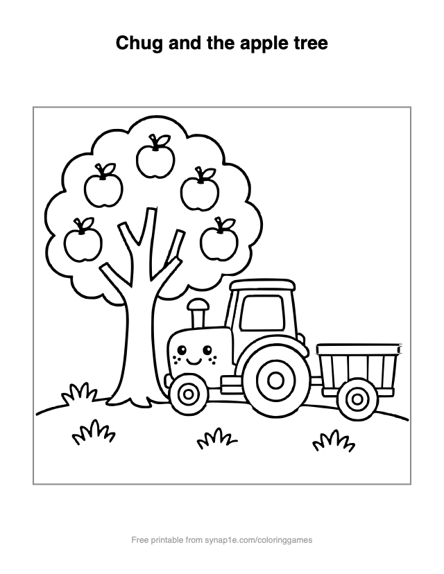 Chug and the apple tree — free printable farm coloring page