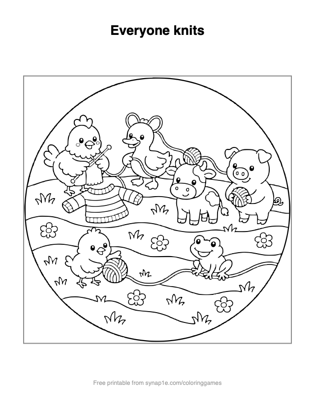 Everyone knits — free printable farm coloring page