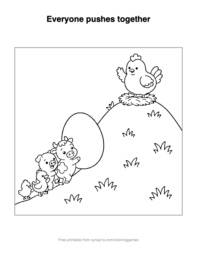 Everyone pushes together — free printable farm coloring page