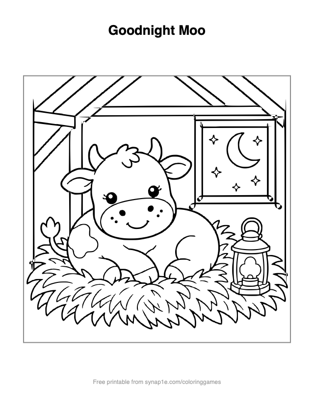 Goodnight Moo — free printable farm coloring page