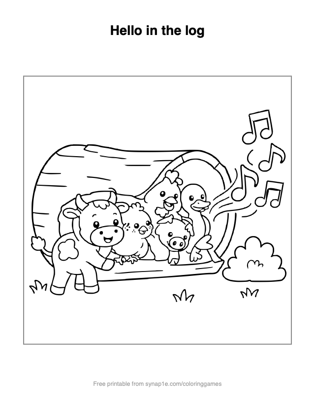 Hello in the log — free printable farm coloring page