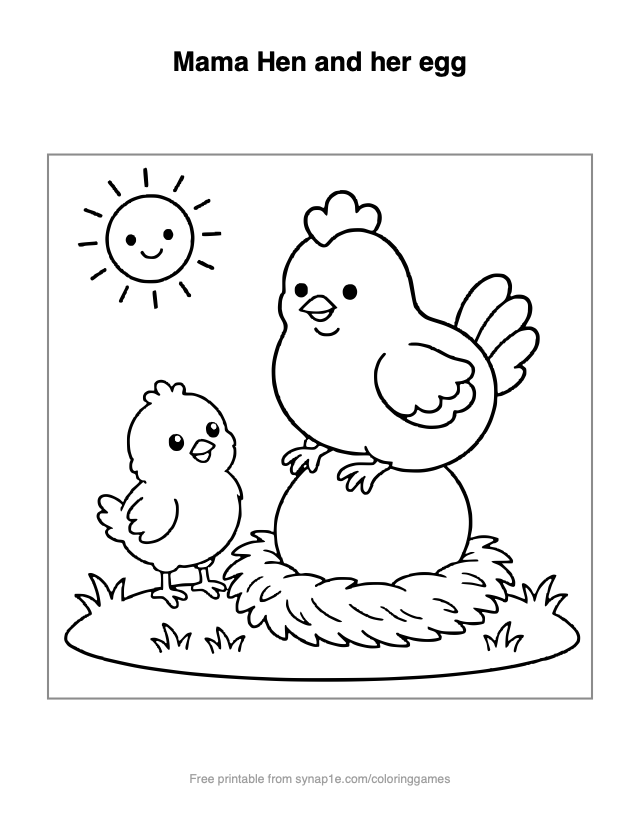Mama Hen and her egg — free printable farm coloring page