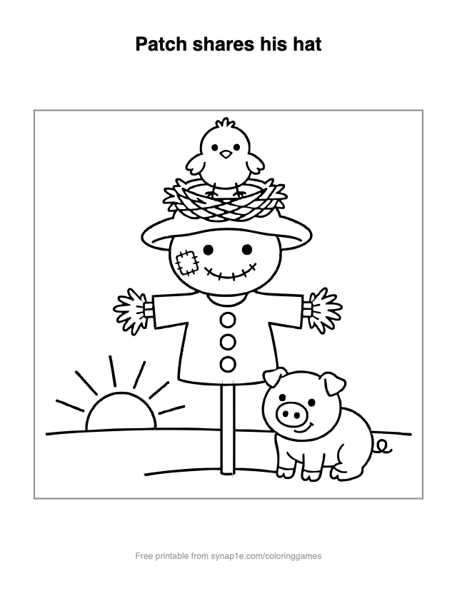 Patch shares his hat — free printable farm coloring page