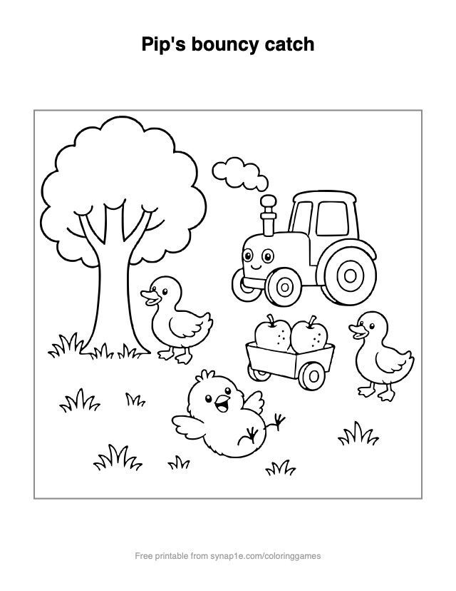 Pip's bouncy catch — free printable farm coloring page