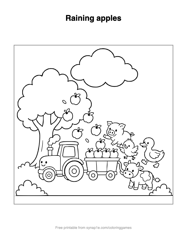 Raining apples — free printable farm coloring page