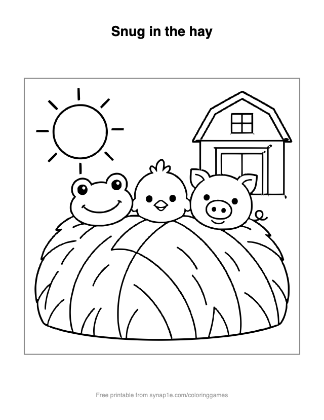 Snug in the hay — free printable farm coloring page