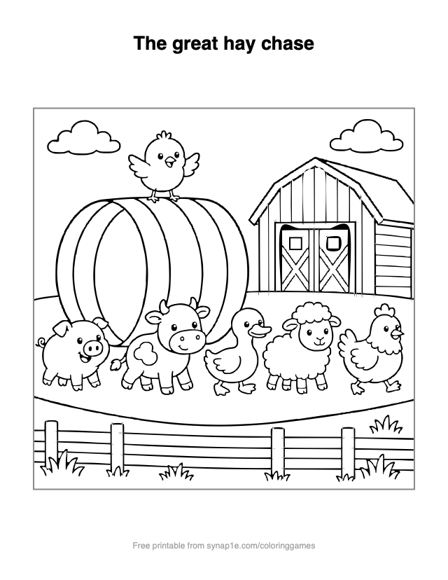 The great hay chase — free printable farm coloring page