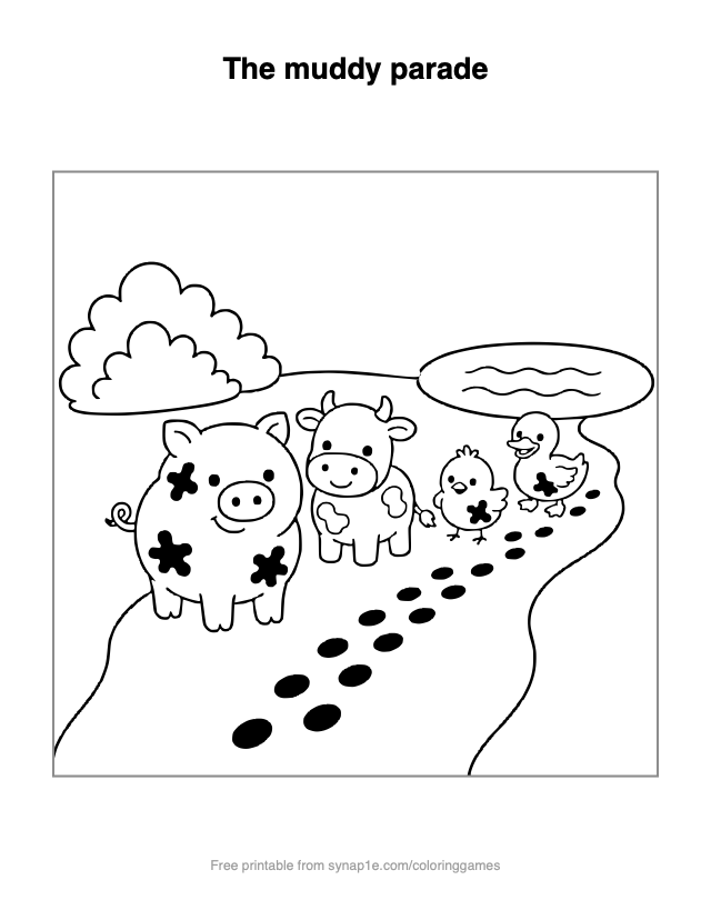 The muddy parade — free printable farm coloring page