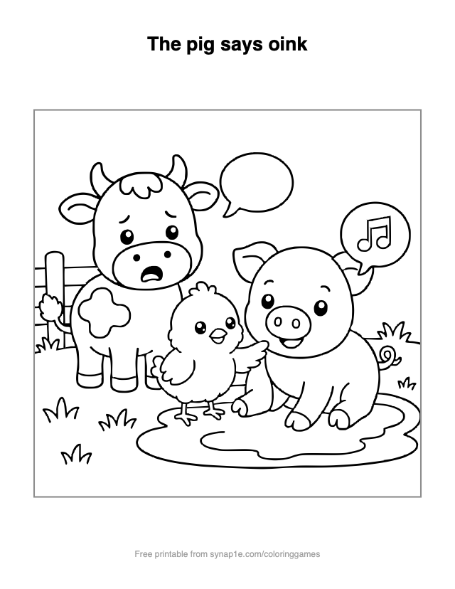 The pig says oink — free printable farm coloring page
