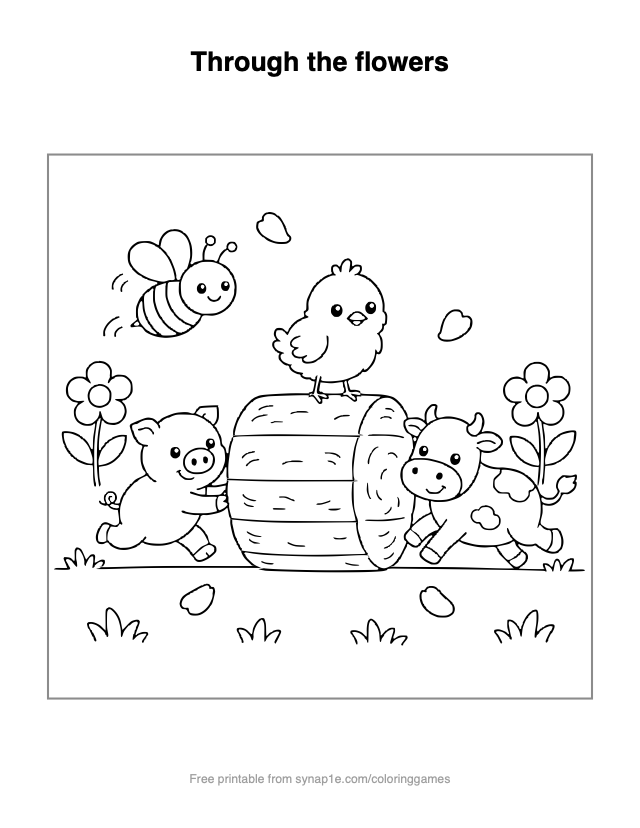 Through the flowers — free printable farm coloring page