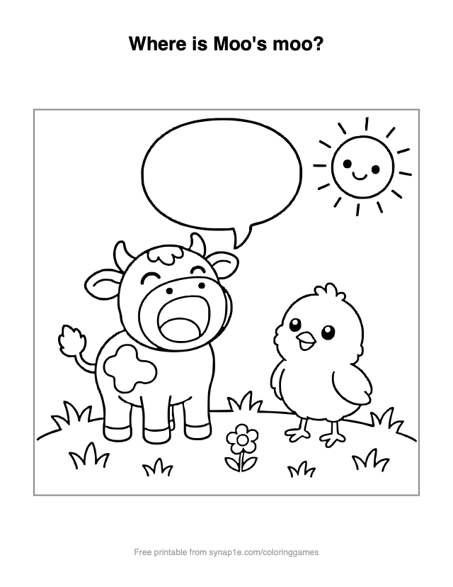 Where is Moo's moo? — free printable farm coloring page