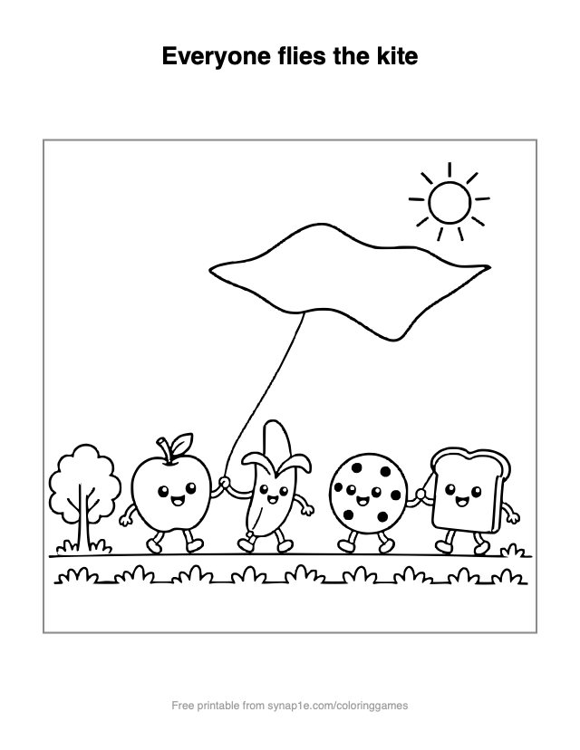 Everyone flies the kite — free printable food coloring page